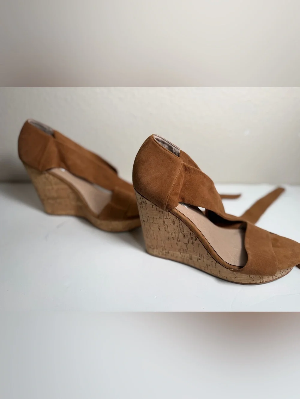 Saks Fifth Avenue~Cognac~Suede Leather Wrap~Cork~Wedge~Platform~Sandal~Size 9.5